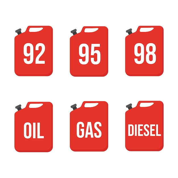 Плоский набор канистр с бензином на белом фоне Векторная иллюстрация