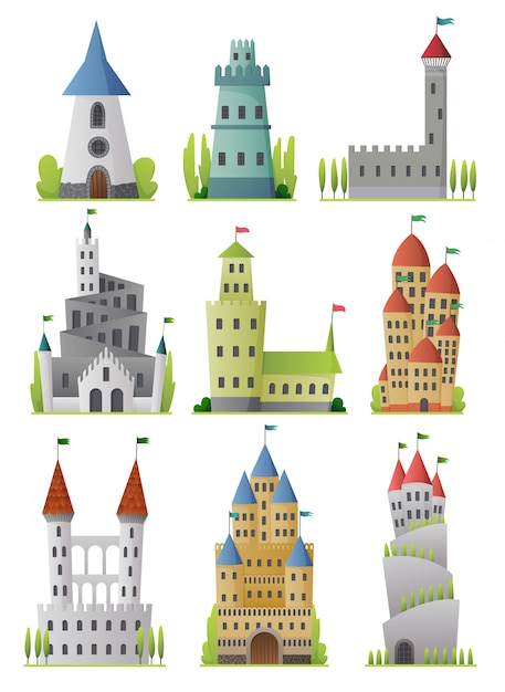 Vector flat set of large fairy tale castles. medieval palaces with high towers and conical roofs. fortresses or stronghold with fortified wall and towers