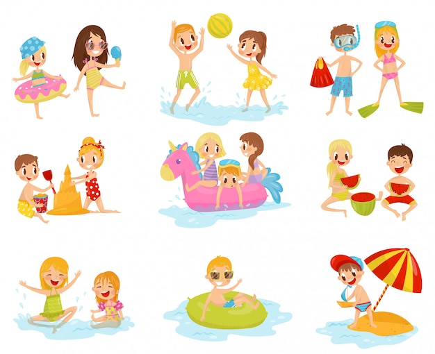 Vector flat set of little children in different actions. playing with inflatable ball, building castle from sand, swimming on inflatable ring