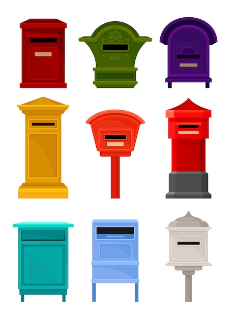 Vector flat set of mailboxes. colorful containers for letters and newspapers. iron postal boxes for correspondence