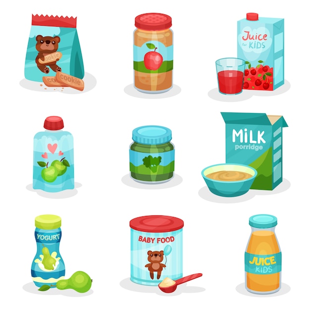 Плоский набор продуктов питания и напитков для детей. натуральные йогурты и соки, фруктовое и овощное пюре, печенье и каша