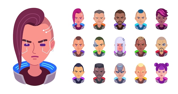 Плоский набор киберпанк-аватарок девушек и мужчин с разными лицевыми кибер-имплантатами