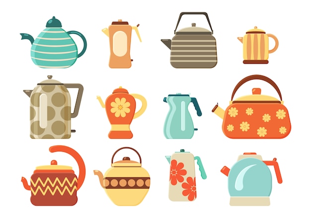 flat  set of tea kettles. collection of teapots and kettles isolated on white background. kitchen utensils. home appliance for boiling water. hot drink.