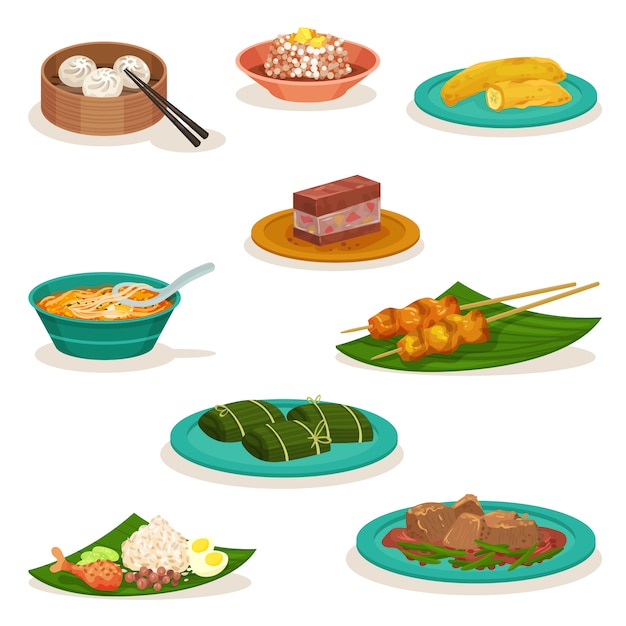 Vector flat  set of traditional malaysian dishes. sweet desserts and snacks. asian food