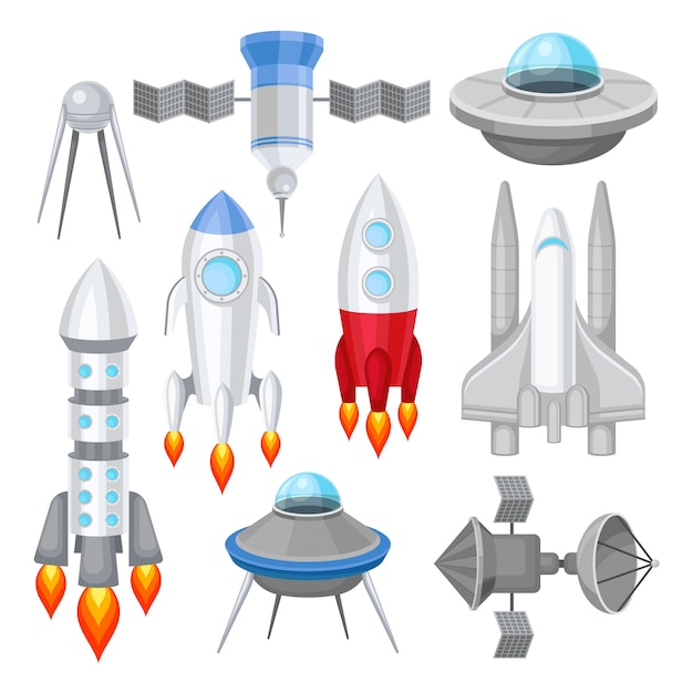 Flat   set of various spacecrafts. Rockets with engine fire, large space shuttle, alien flying saucers and satellites. Cosmos theme