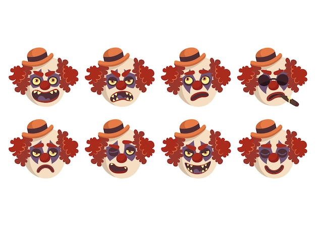 Flat set of vector evil clown emotions halloween