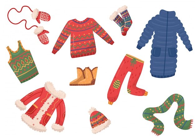 Flat  set of winter clothes and accessories. Down jackets, pants and sweater, mittens, scarf and hat, boots and socks