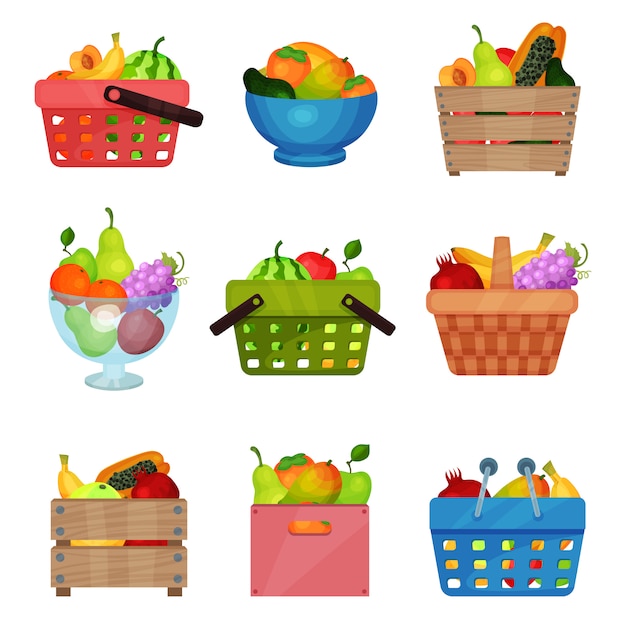 Vettore set piatto di scatole di legno, ciotola, contenitori, cestini per shopping e picnic con frutta fresca. cibo gustoso e salutare