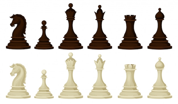 Flat  set of wooden chess pieces. Brown and beige figures of strategic board game