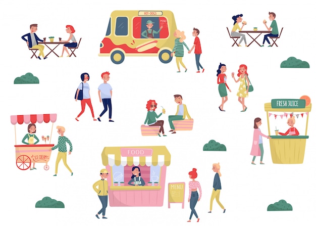 Vector flat   set of young people and street fast food. coffee break and lunch time. ice-cream cart, hot-dog truck, stall with fresh juice