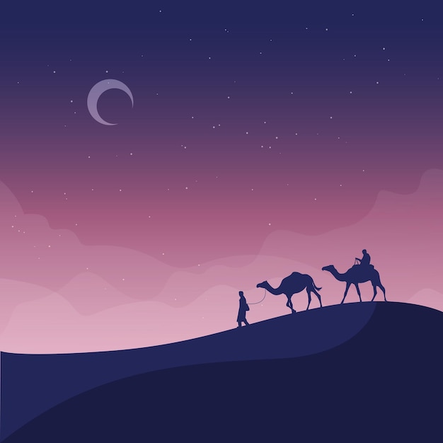 Paesaggio desertico con silhouette piatta perfetto per lo sfondo di eventi islamici