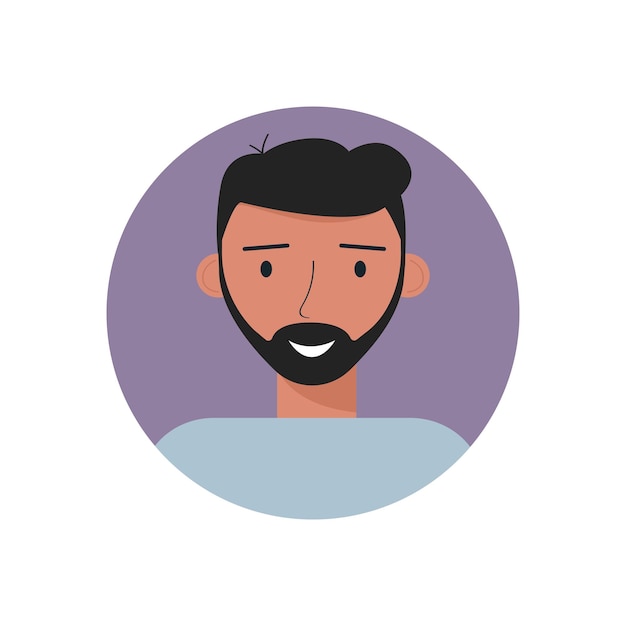 Flat simple cartoon portrait of handsome men with curly hair and beard isolated, Flat avatar of man