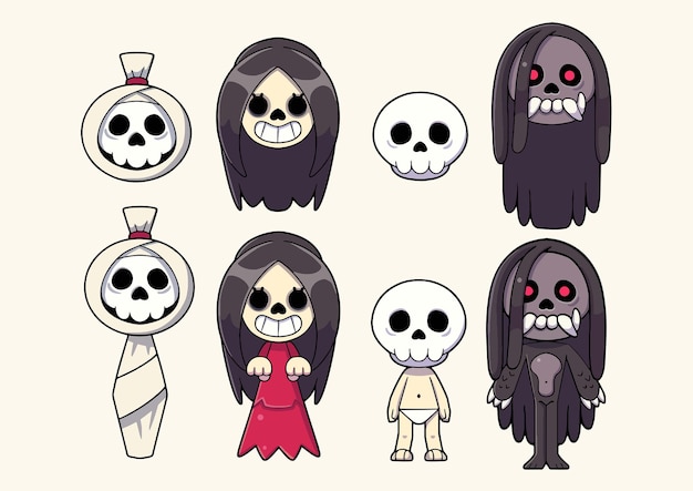 Vector flat skeleton indonesian ghosts halloween characters collection vector pocong kuntilanak tuyul