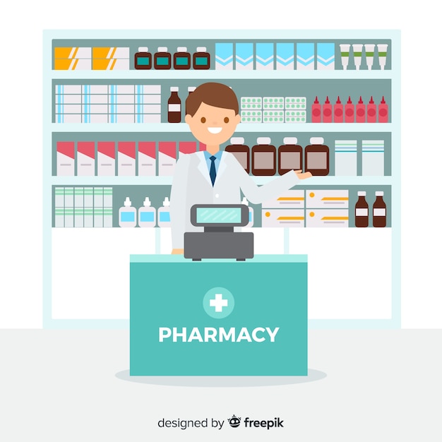 Vector flat smiling pharmacist simple background