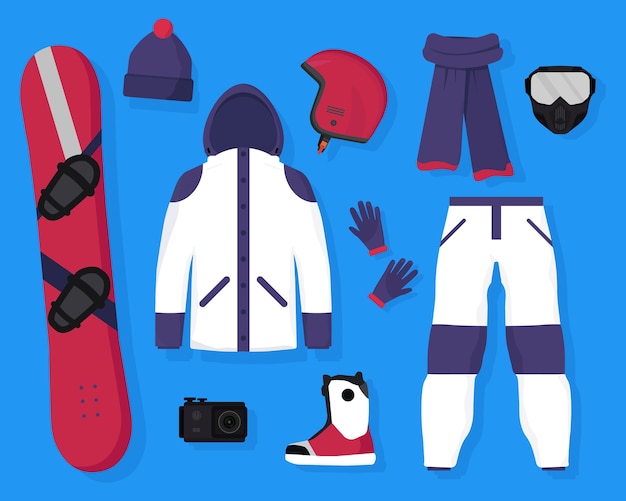 Vector flat  of snowboarding equipment and accessories board, protective helmet, mask, action camera, warm jacket, pants, scarf, hat, gloves and boots. winter extreme sports and active recreation