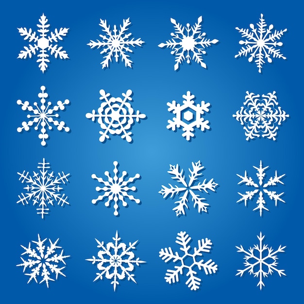 Flat snowflakes icons isolated on a blue background