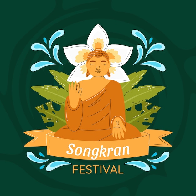 Illustrazione di songkran piatta con buddha e foglie