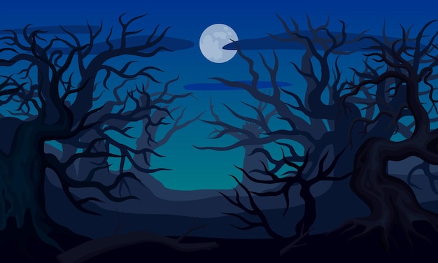 Плоский жуткий ночной пейзаж с безлистными деревьями и векторной иллюстрацией полной луны