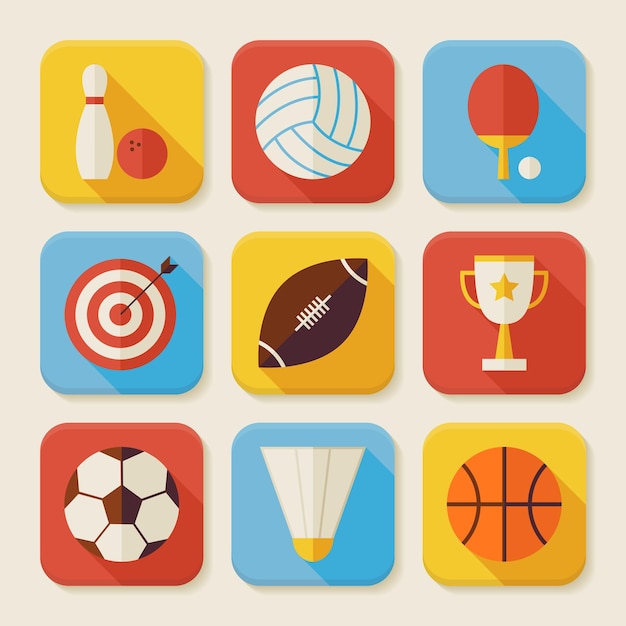 Set di icone app piatto sport e attività quadrate. illustrazioni vettoriali di stile piatto. giochi di squadra. primo posto. collezione di icone colorate per applicazioni di forma rettangolare quadrata con ombra lunga