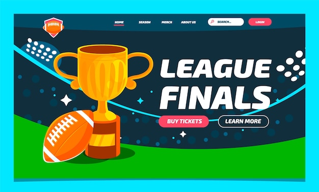 Flat sport stadium landing page template with a rugby ball and golden trophy