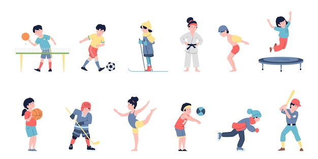 Vector flat sporting teenagers sport athletics children student play volleyball soccer and ski little baseball champion recent vector characters