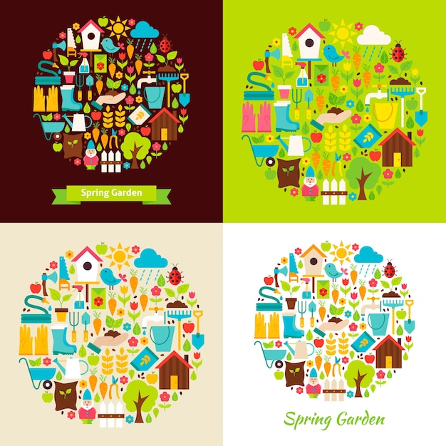 Flat spring garden objects concepts. vector illustration. collection of nature seasonal gardening tools