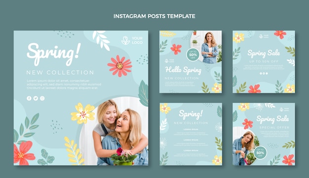 Vettore collezione di post instagram primaverili piatti