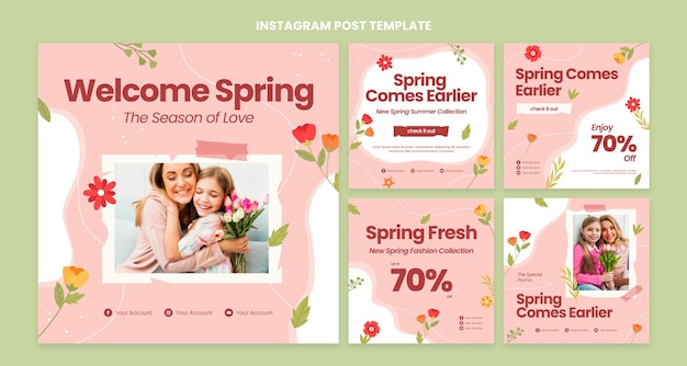 Vettore collezione di post instagram primaverili piatti