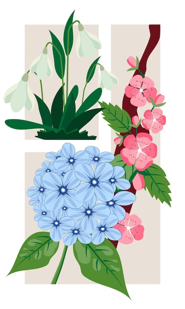 Flat spring postcard with flowers in frame vector