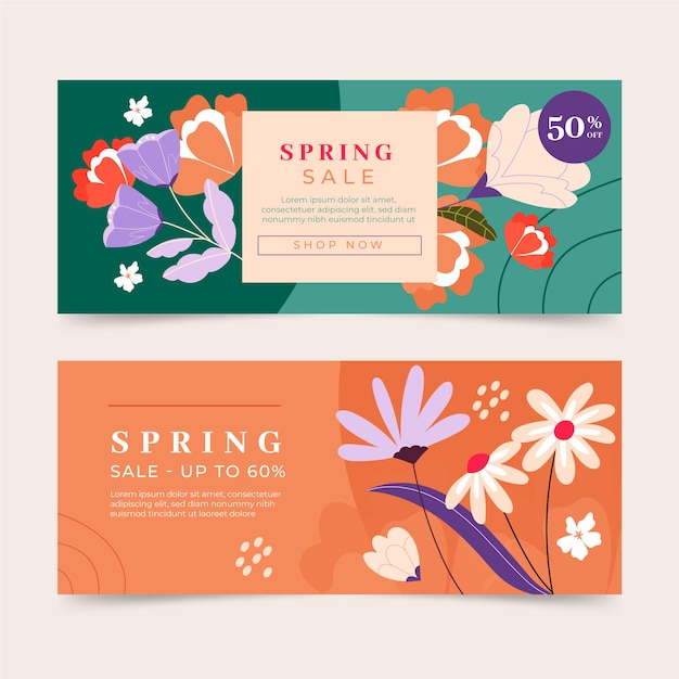 Flat spring sale horizontal banners set