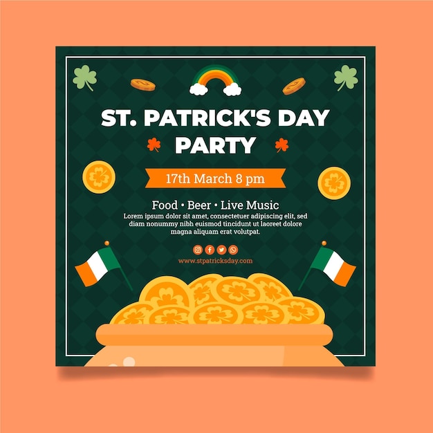 Flat st. patrick's day square flyer template