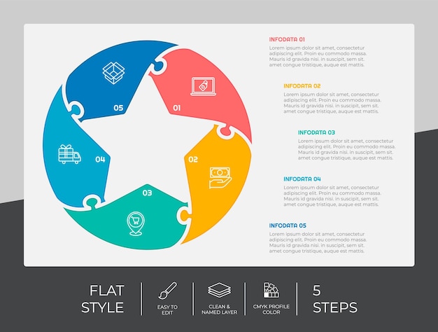 Flat step infographic vector design with 5 steps colorful style for presentation purposestar step infographic can be used for business and marketing