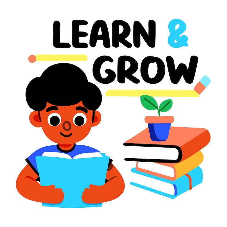 Vector a flat sticker of a character reading a book with learn grow typography