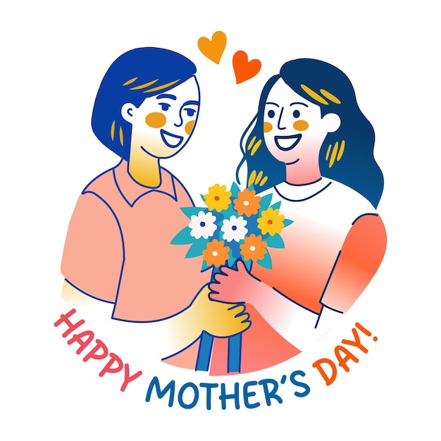 a flat sticker of a daughter giving flower bouquet to her mom