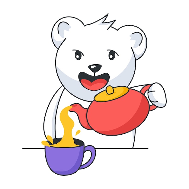 A flat sticker depicting bear having tea
