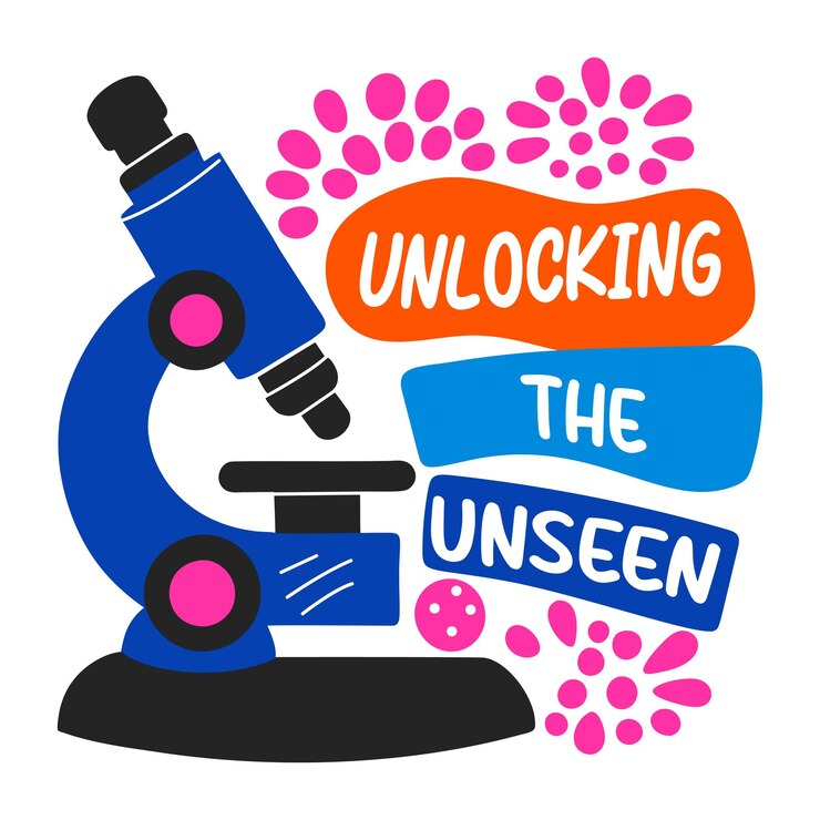 Vector a flat sticker of a microscope with unlocking the unseen typography