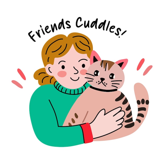 a flat sticker of a person cuddling a cat with the text friends cuddles