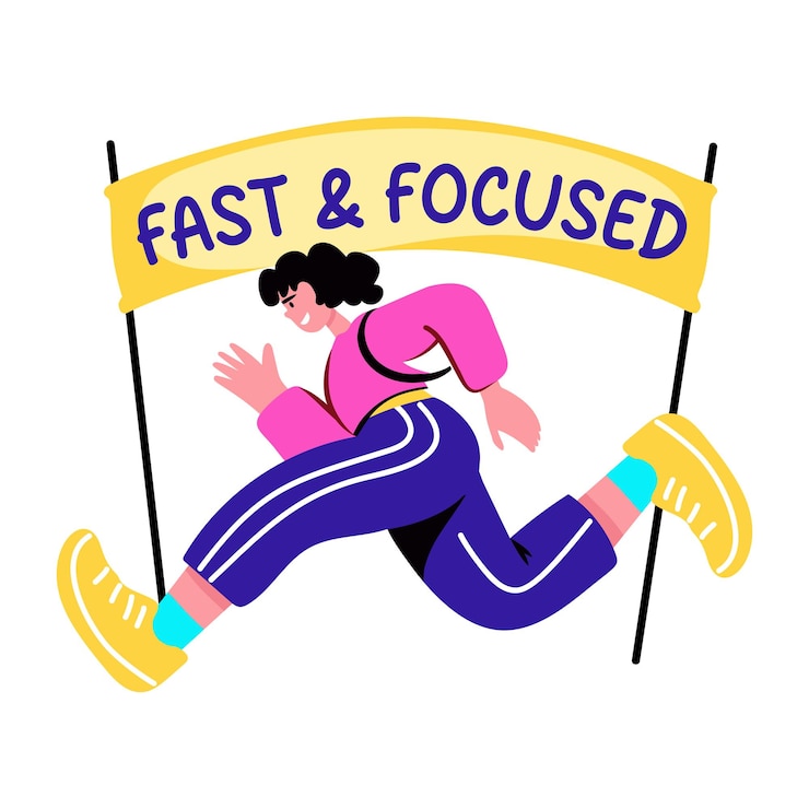 Vector flat sticker of a running student with fast and focused typography