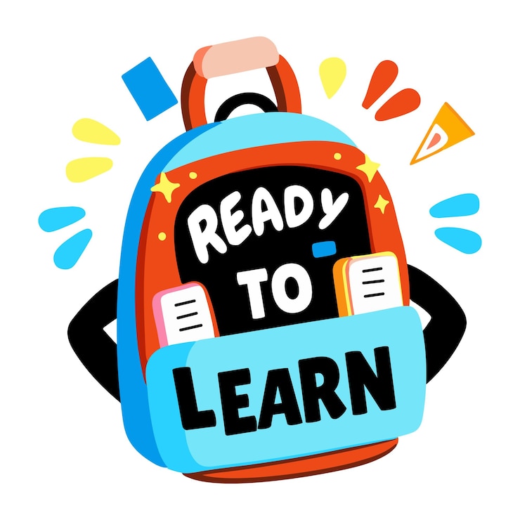 Vector a flat sticker of a school bag with ready to learn typography