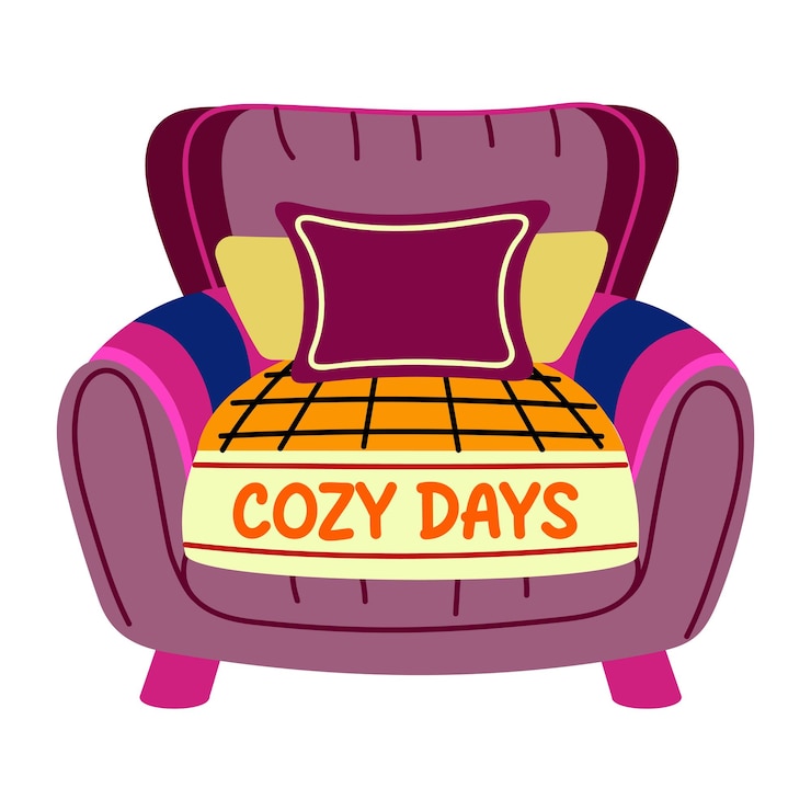Vector a flat sticker showing a sofa with cozy days typography