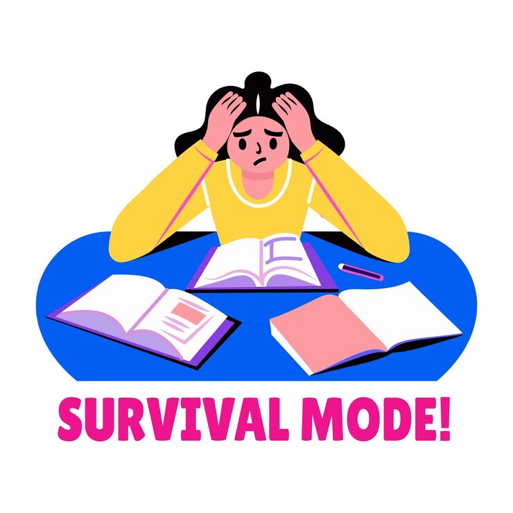 Vector flat sticker of a student studying books with survival mode typography