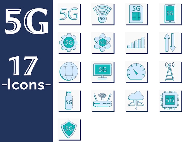 Плоский стиль 5G 17 Icon Set на синем и белом фоне