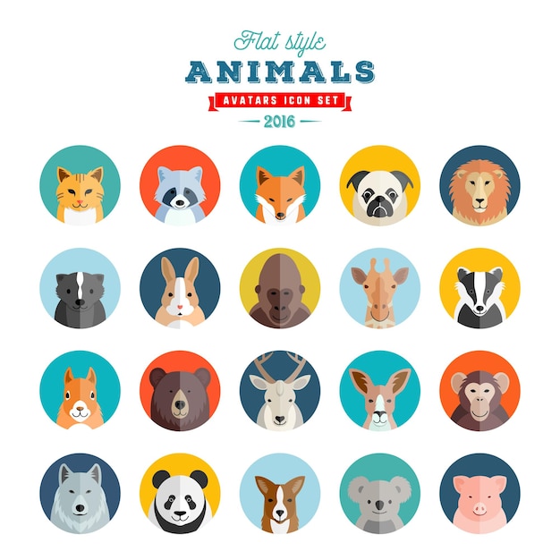 Flat style animals avatar vector set twenty icons isolated