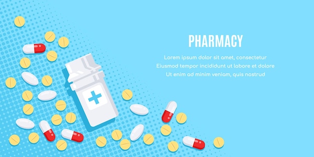Вектор Плоский дизайн баннера с лекарствами. таблетки, капсулы, обезболивающие, антибиотики, витамины и бутылочки.