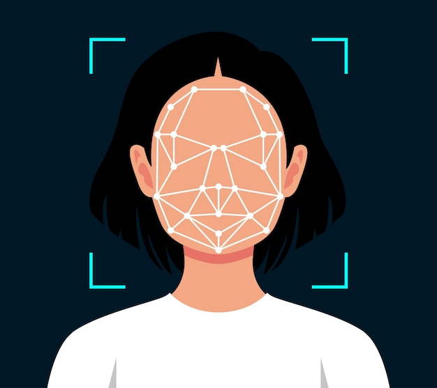 Vector flat style biometric scanning of woman face recognition personal verification identity detection