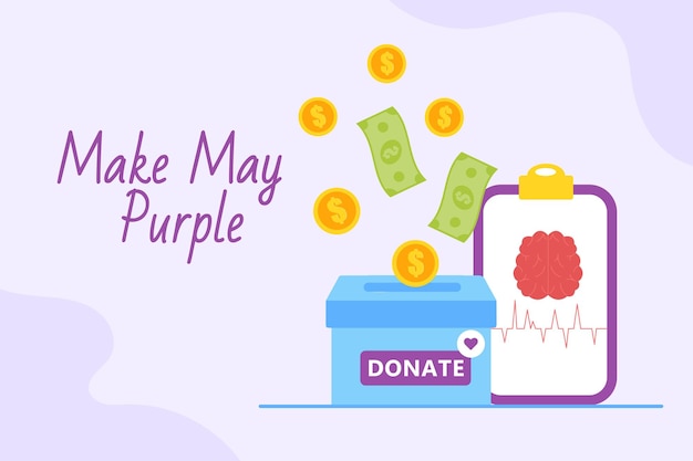 Flat style box with a donation Make May Purple Support for research and treatment of brain stroke