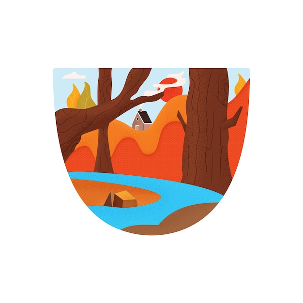 Vector flat style bright colorful vector illustration of graphic emblem and t shirt design with blue river flowing through forested mountains with camping cabin