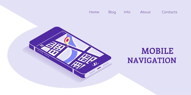 Плоский баннер концепции стиля для мобильной навигации. смартфон в изометрической проекции с картой и указателем на экране. плоский стиль иллюстрации.