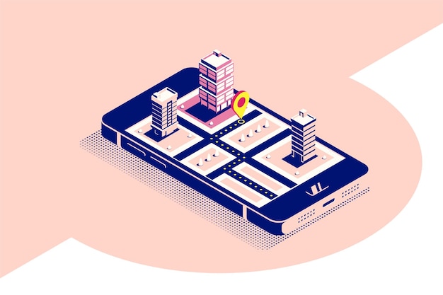 Flat style concept banner for mobile navigation. Smartphone in isometric  view with map and pointer on it's screen. Flat style illustration.