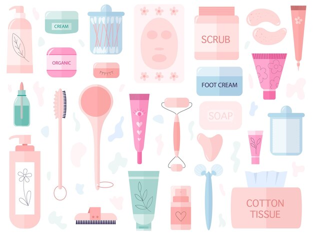 Flat style cosmetische schoonheidsproducten in flessen en potten set Set crème zeep huid borstel lotion